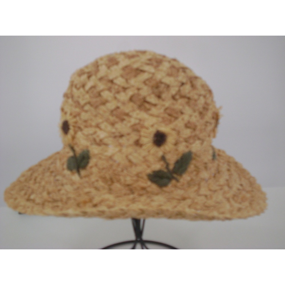 Vintage Gap Women Tan Woven Straw Sunflower Embroidered Sun Hat S/M 144280-00-1